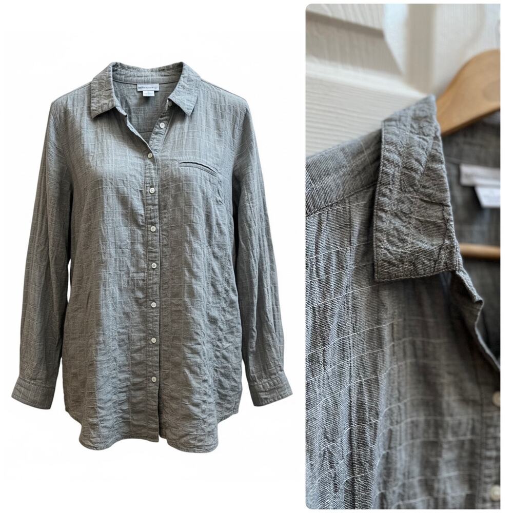 Soft Surroundings Wrinkle Crinkle Effect Roll Tab Sleeves Button Up Top Large